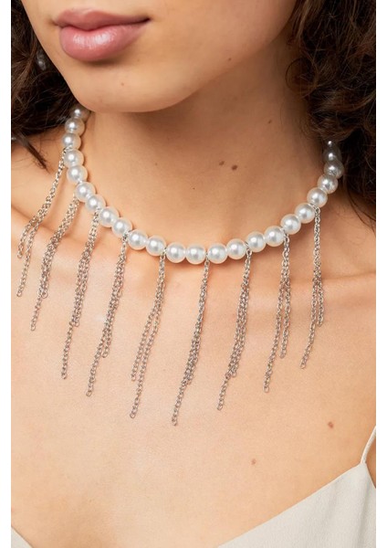 Gümüş Saçağı İnci Choker Kolye