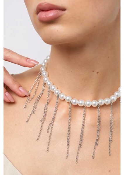 Gümüş Saçağı İnci Choker Kolye