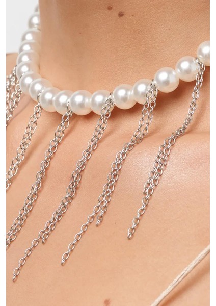 Gümüş Saçağı İnci Choker Kolye