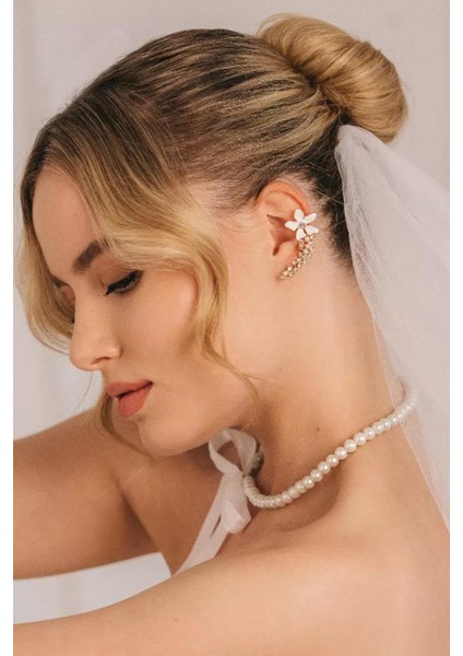 Sposa Kurdela Detaylı Beyaz Cam Inci Choker Gelin Kolyesi