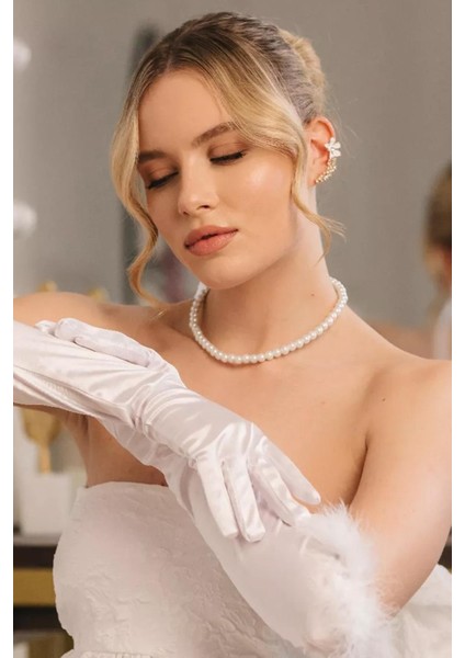 Sposa Kurdela Detaylı Beyaz Cam Inci Choker Gelin Kolyesi