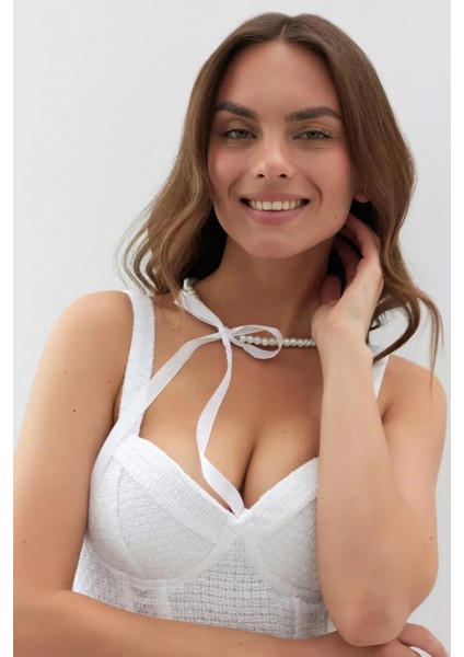 Sposa Kurdela Detaylı Beyaz Cam Inci Choker Gelin Kolyesi