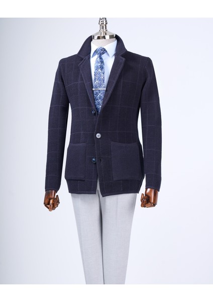 Italyan Stil Slim Fit Düğmeli Triko Ceket Lacivert T13263