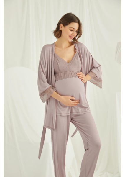 Lohusa 3'lü Emzirme Sabahlıklı Pijama Takımı