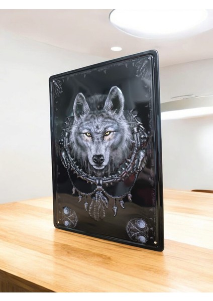 Kurt Resimli Retro Kabartma Metal Plaka 20 x 30 cm Metal Tablo