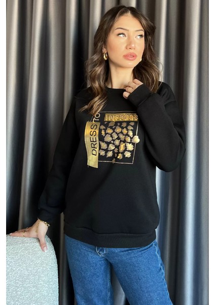 Kadın Bisiklet Yaka Taşlı Üç Iplik Şardonlu Sweatshirt