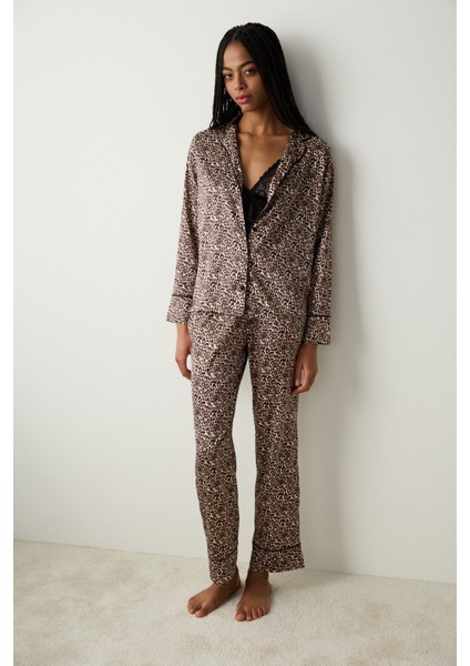 Leopard Saten Açık Bej Gömlek Pantolon Pijama Takımı