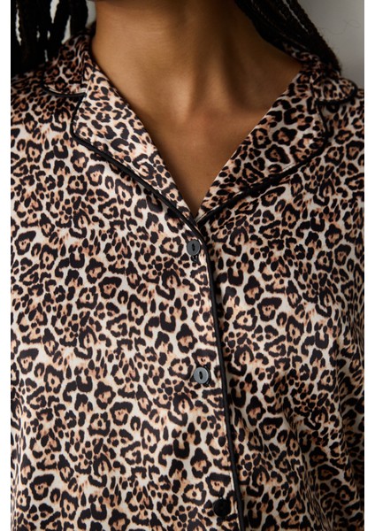 Leopard Saten Açık Bej Gömlek Pantolon Pijama Takımı