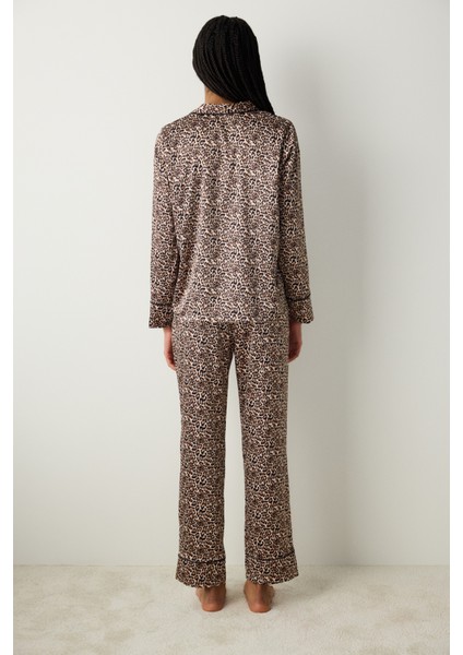 Leopard Saten Açık Bej Gömlek Pantolon Pijama Takımı