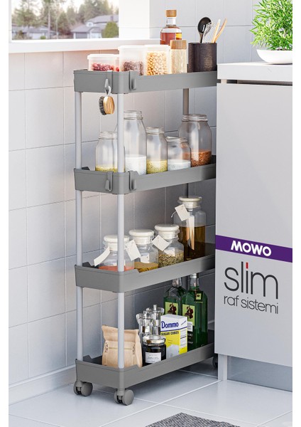Slim 4 Katlı Tekerlekli Raf Ünitesi Gri, Banyo Rafı, Mutfak Rafı, Banyo Düzenleyici
