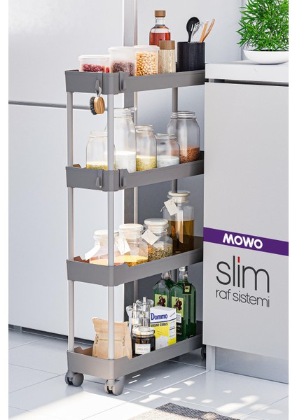Slim 4 Katlı Tekerlekli Raf Ünitesi Gri, Banyo Rafı, Mutfak Rafı, Banyo Düzenleyici