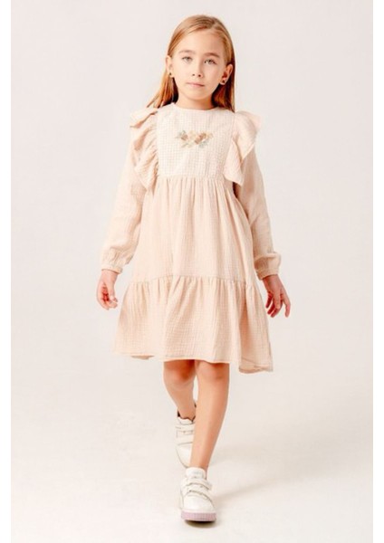 (3-11 Yaş) Müslin Volanlı Çiçek Nakış Kız çocuk elbise - Bej