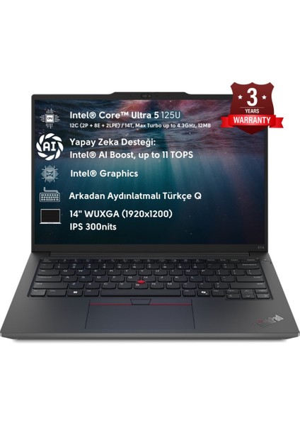 Thinkpad E14 Intel Core Ultra 5 125U 32GB 512GB SSD 14"fhd Windows 11 Pro Taşınabilir Bilgisayar 21M7002PTX W4