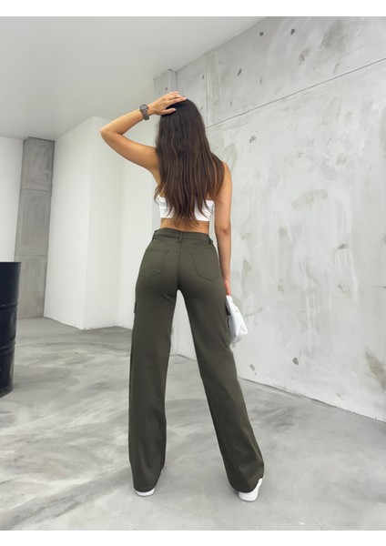Haki Kargo Cepli Likralı Yüksek Bel Wide Leg Pantolon modelleri