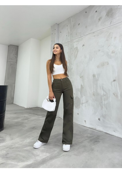 Haki Kargo Cepli Likralı Yüksek Bel Wide Leg Pantolon fırsatları