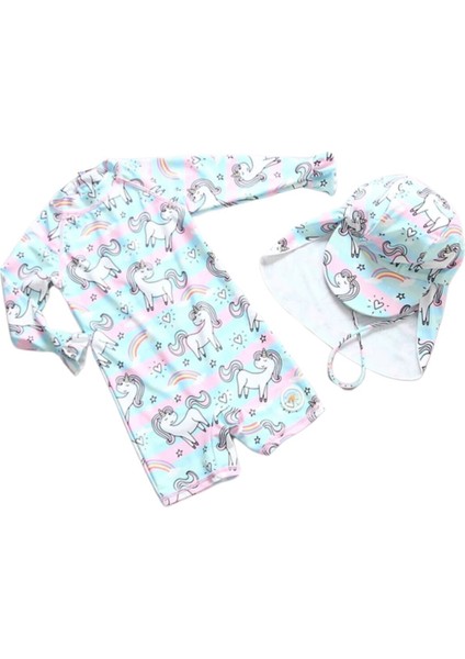 UPF50+ Güneş Korumalı Uzun Kollu Unicorn Pembe Mavi Mont Gökkuşağı Unicorn Mayo Şapka Set