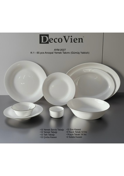 Devovien 65 Parça 12 Kişilik Yemek Takımı (Opal+Gümüş Yaldızlı)