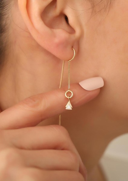 14 Ayar Altın Beyaz Üçgen Zincir Küpe modelleri