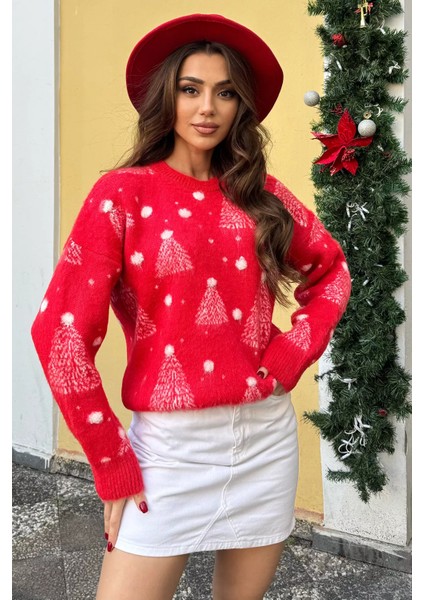 Bisiklet Yaka Yılbaşı Ağaç Desenli Kadın Triko Kazak