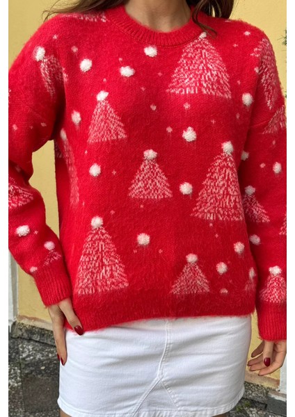 Bisiklet Yaka Yılbaşı Ağaç Desenli Kadın Triko Kazak modelleri