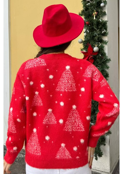 Bisiklet Yaka Yılbaşı Ağaç Desenli Kadın Triko Kazak fırsatları