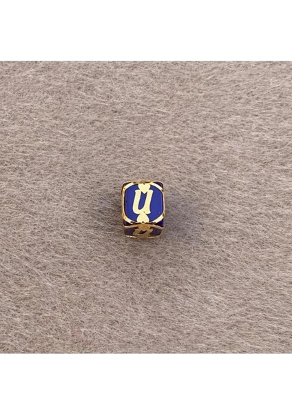 14 Ayar Altın Kafesli Lacivert Boncuk U Harf Kolye Ucu