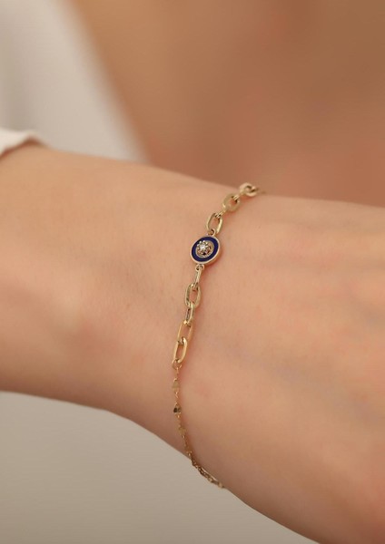 14 Ayar Altın Lacivert Mineli Ataş Bileklik modelleri