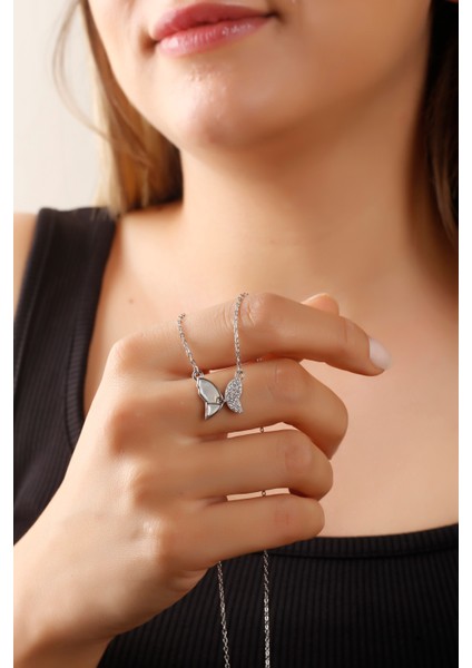 925 Ayar, Sedef ve Zirkon Taşlı Kelebek Gümüş Kolye