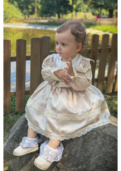 ALYRA Kız Çocuk Elbise Kız Bebek Dantelli Uzun Kollu Astarlı Vintage Doğum Günü Parti Düğün Abiye Tüllü Saten Elbise Çocuk Giyim ALY0260