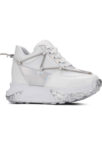 Günlük Kadın Sneaker Rugan Spor Ayakkabı Yüksek Kalın Topuklu Bağcıklı Taş Detaylı Hafif Rahat 1038