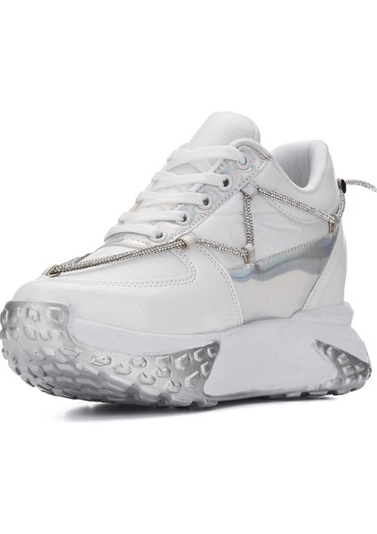 Günlük Kadın Sneaker Rugan Spor Ayakkabı Yüksek Kalın Topuklu Bağcıklı Taş Detaylı Hafif Rahat 1038
