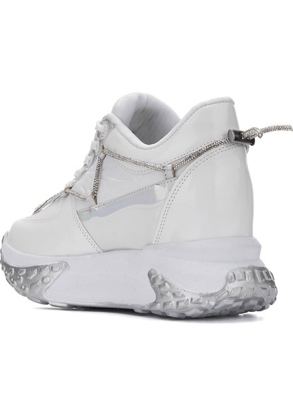Günlük Kadın Sneaker Rugan Spor Ayakkabı Yüksek Kalın Topuklu Bağcıklı Taş Detaylı Hafif Rahat 1038