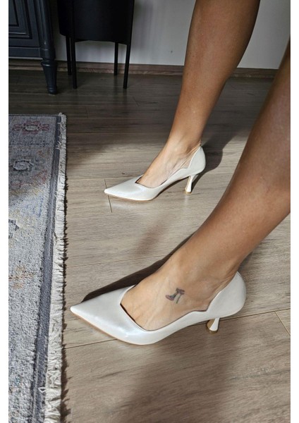 10 80 Topukla Kadın Beyaz Sedef 8cm Topuklu Stiletto