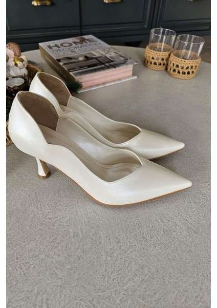 10 80 Topukla Kadın Beyaz Sedef 8cm Topuklu Stiletto