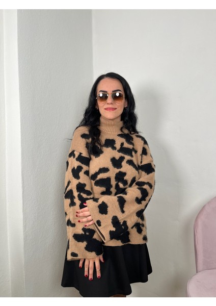 Balıkçı Yaka Leopar Desen Kazak