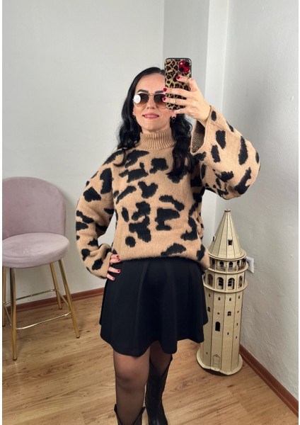 Balıkçı Yaka Leopar Desen Kazak