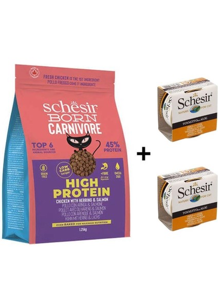 Born Carnivore Tavuklu Somonlu ve Ringa Balıklı Tahılsız Kedi Maması 1,25 + 2 Adet Schesir Nature Ton Balıklı ve Aloe Veralı Kedi Konservesi 85 gr