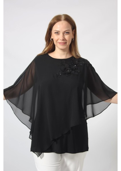 5040 Pul Payet Aplikli Şifon Kombin Büyük Beden Şık Bluz