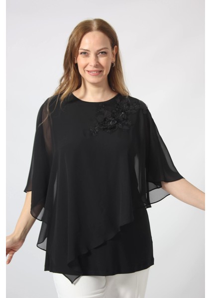 5040 Pul Payet Aplikli Şifon Kombin Büyük Beden Şık Bluz fırsatları