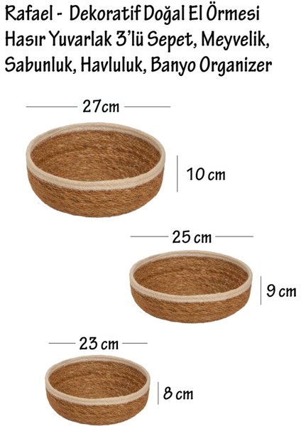 Rafael - 3 Lü Dekoratif Doğal El Örmesi Hasır Yuvarlak Sepet Seti, Havluluk, Banyo Organizer