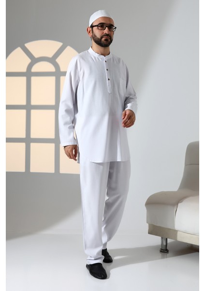 Erkek Tek Cepli Hakim Yaka Gömlek Pantolon Keten Ikili Takım Hac Umre Kıyafeti - Beyaz fiyatları