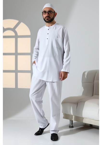 Erkek Tek Cepli Hakim Yaka Gömlek Pantolon Keten Ikili Takım Hac Umre Kıyafeti - Beyaz modelleri