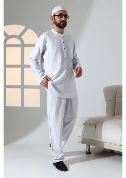 Erkek Tek Cepli Hakim Yaka Gömlek Pantolon Keten Ikili Takım Hac Umre Kıyafeti - Beyaz fırsatları