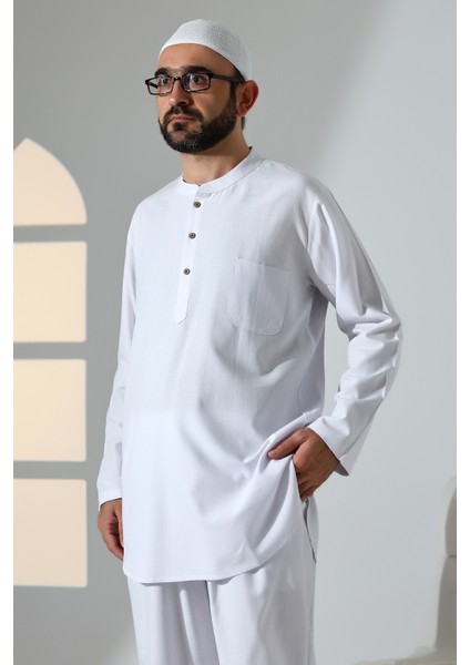 Erkek Tek Cepli Hakim Yaka Gömlek Pantolon Keten Ikili Takım Hac Umre Kıyafeti - Beyaz indirimleri