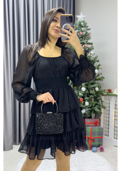 Kadın Uzun Kollu Gipeli Fırfır Etek Şifon Elbise Lacivert, Kırmızı, Siyah fiyatları