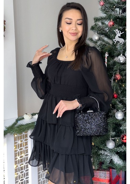 Kadın Uzun Kollu Gipeli Fırfır Etek Şifon Elbise Lacivert, Kırmızı, Siyah modelleri