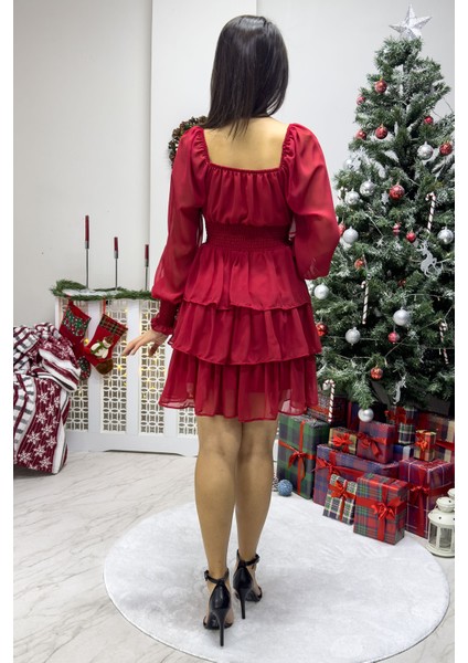 Kadın Uzun Kollu Gipeli Fırfır Etek Şifon Elbise Lacivert, Kırmızı, Siyah indirimleri