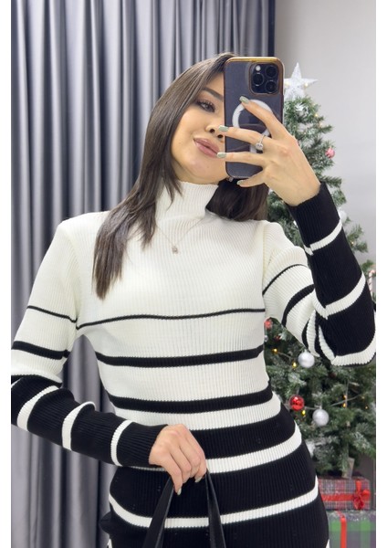 Kadın Siyah Beyaz Çizgili Triko Kalem Elbise fırsatları