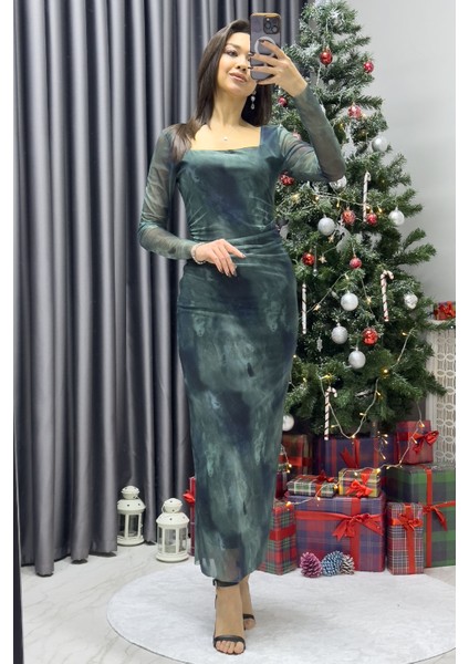 Kadın Kare Yaka Batik Desen Likralı Uzun Kollu Tül Büyük Beden Elbise Turkuaz