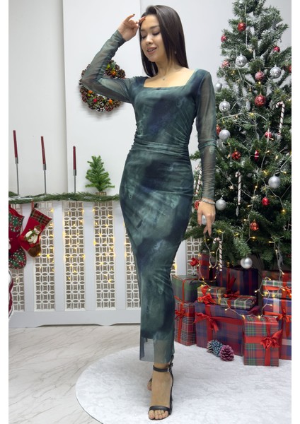 Kadın Kare Yaka Batik Desen Likralı Uzun Kollu Tül Büyük Beden Elbise Turkuaz modelleri